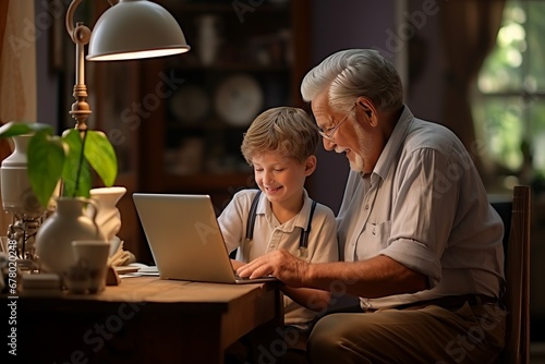 Grandpa and his grandson use laptop together. AI generated