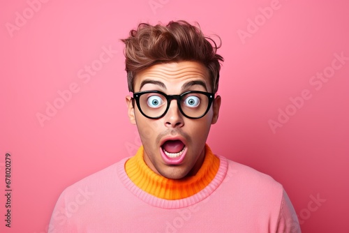 Surprised young man in glasses studio portrait, bright color background. AI generated