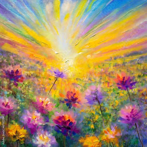 Photon Flowers Acrylic Paint Maximalism  Bright Colors in Pink  Purple  Blue  and Yellow  