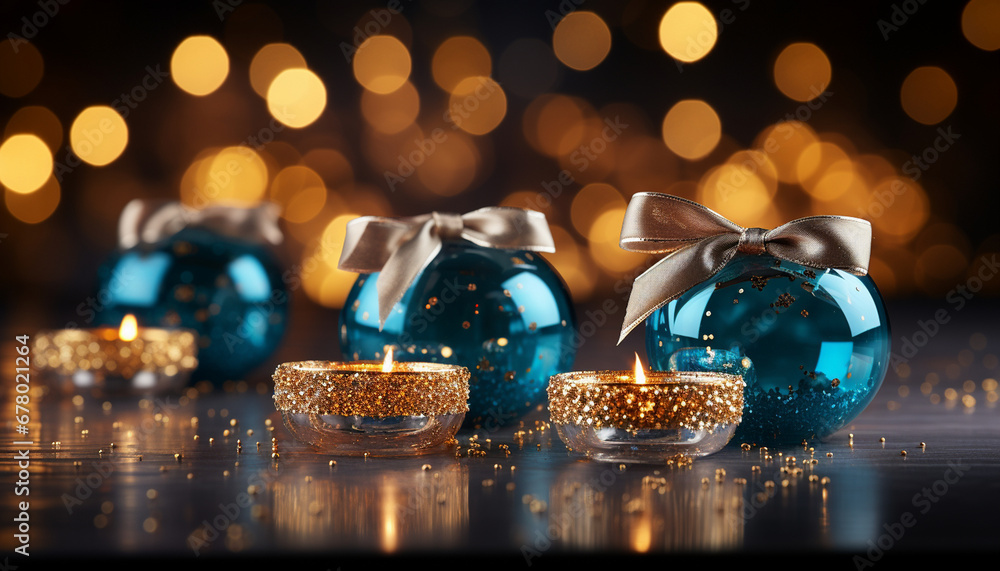 Blue Christmas ornaments and golden glitter candles on a reflective surface with bokeh lights Blue Christmas ornaments and golden glitter candles on a reflective surface with bokeh lights
