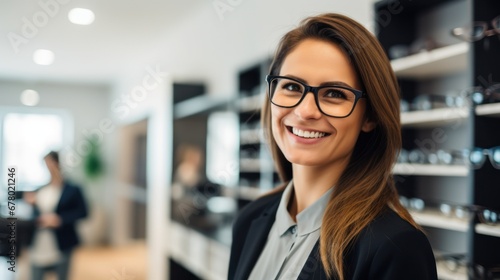 The best eyewear brands in the optometry business. Shot of a young woman buying a new pair of glasses at an optometrist store. photo