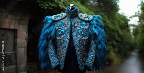 a pair of feathers, a royal peacock jacket for man made of plushie