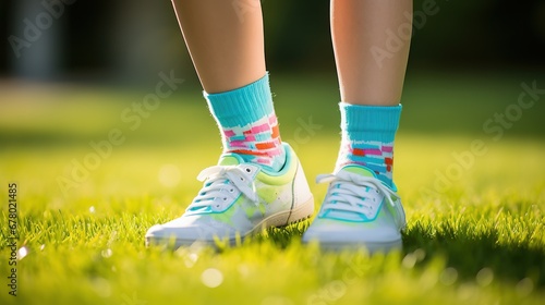 Close-up of legs of young woman in sneakers standing on green grass