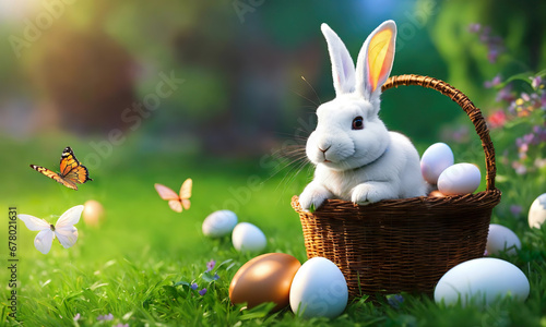 Easter basket with white eggs and one Easter fluffy happy bunny rabbit on the fresh green grass. Easter egg hunt in the garden. copy space. butterflies flying around. springtime season. Generative ai