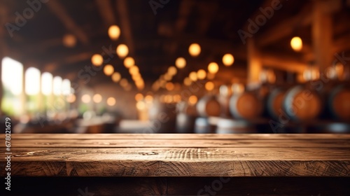 blurred image of bar and dark brown wooden table for product display