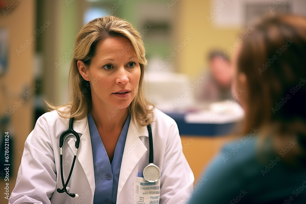 Enfermera hablando con un paciente en un hospital - obrazy, fototapety, plakaty 