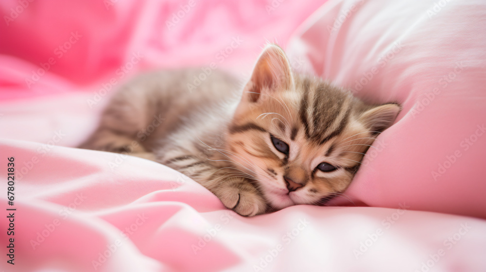 A small kitten sleeping on a pink pillow on a bed