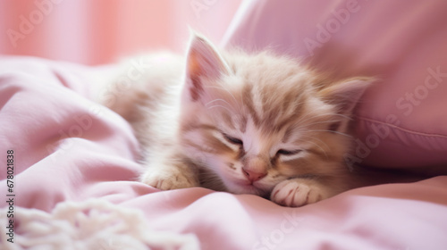 A small kitten sleeping on a pink pillow on a bed