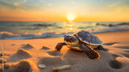 A small turtle on a beach at sunset
