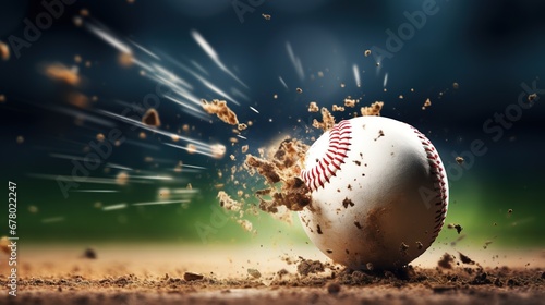 Baseball ball breaking through the ground. Close-up image. photo