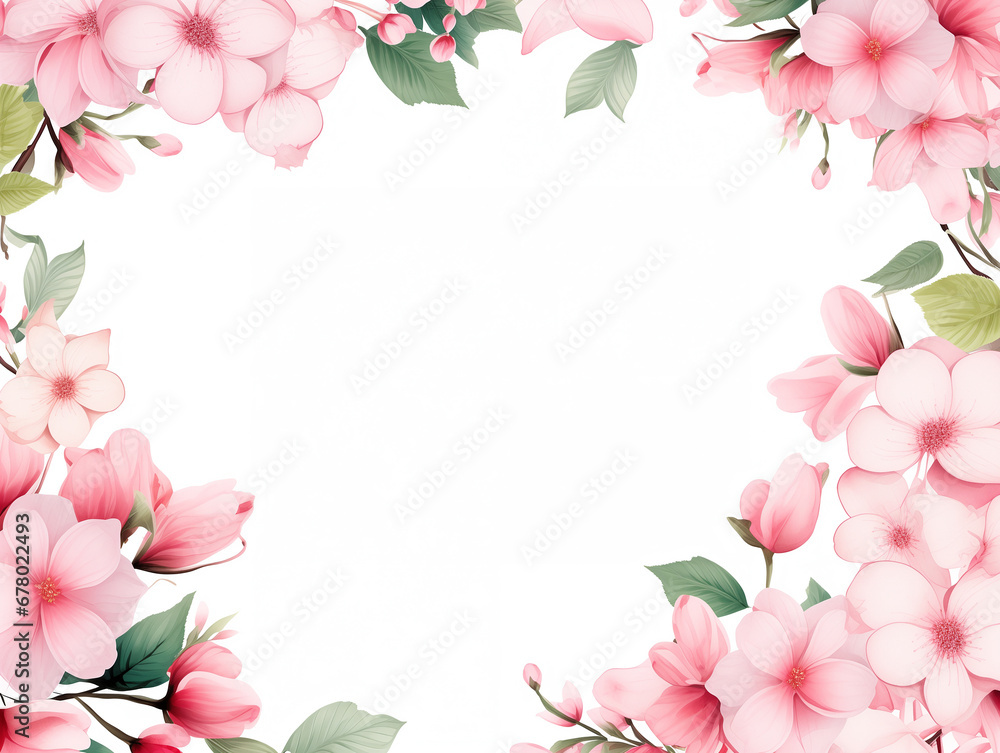 Flowers watercolor border for wedding, greeting or invitation card. Concept background with copy space