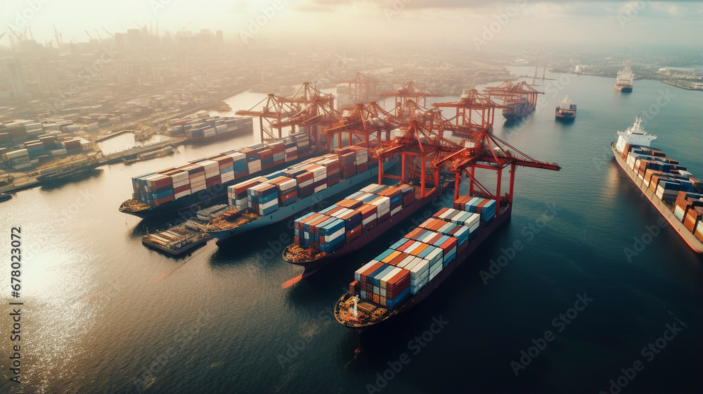 Maritime Jigsaw: Aerial Mosaic of Docked Containers, Generative AI - obrazy, fototapety, plakaty 
