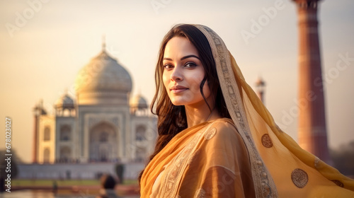 Obraz na płótnie Beautiful native indian woman portrait with Taj Mahal background. India Republic Day. Travel destination. w salonie