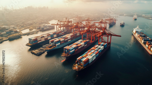 Maritime Jigsaw: Aerial Mosaic of Docked Containers, Generative AI photo