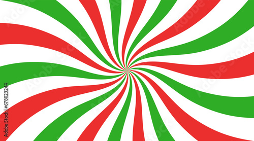 Christmas candy swirl background. Christmas candycane radial pattern with red and green stripes. Xmas swirl lollipop vortex texture. Peppermint traditional caramel print. Vector illustration.