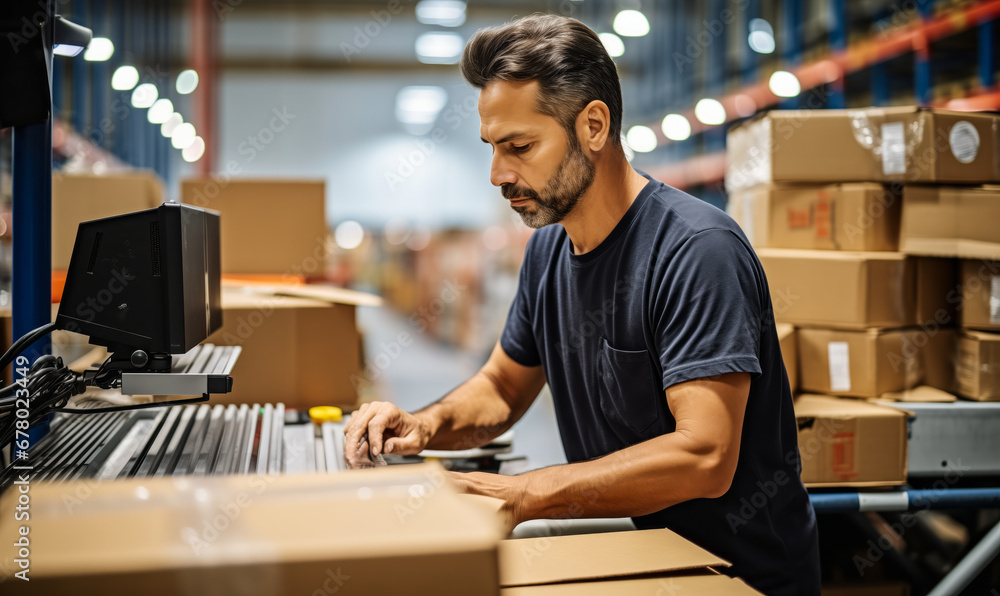 Focused Warehouse Operator Checks Inventory at Computer Focused Warehouse Operator Checks Inventory at Computer