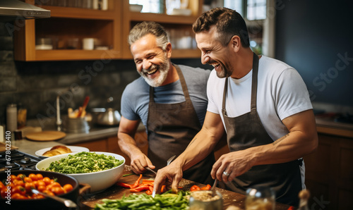 Mid-Adult Gay Couple Having a Blast While Preparing Meals in Kitchen