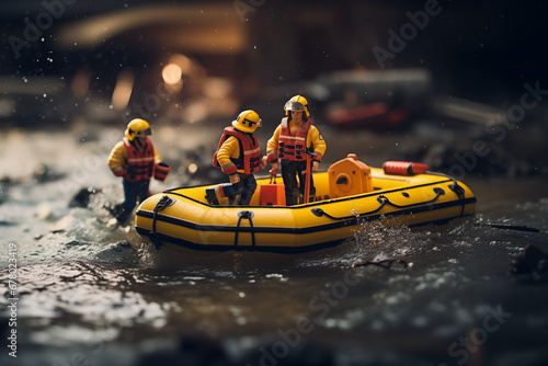 Miniature Firefighters in Action with Inflatable Boat against Flood © L.S.