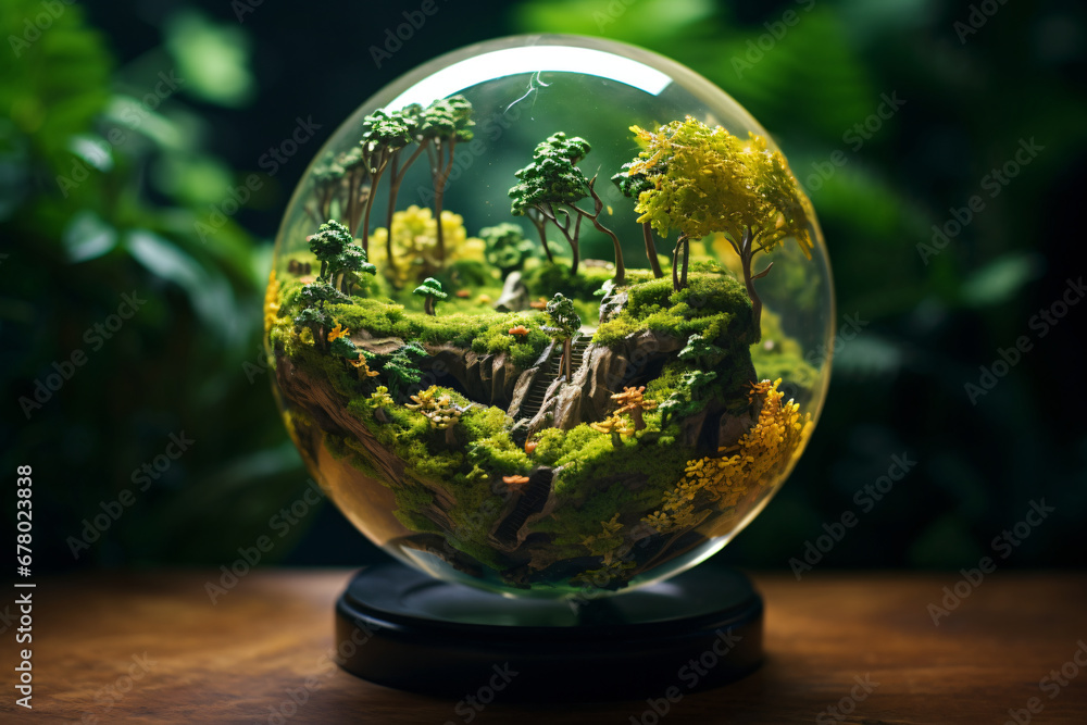 a glass ball filled with green plants, lens flare, bio-art, depth of field.