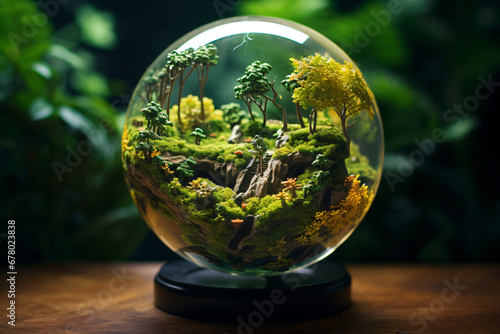 a glass ball filled with green plants, lens flare, bio-art, depth of field. © Possibility Pages