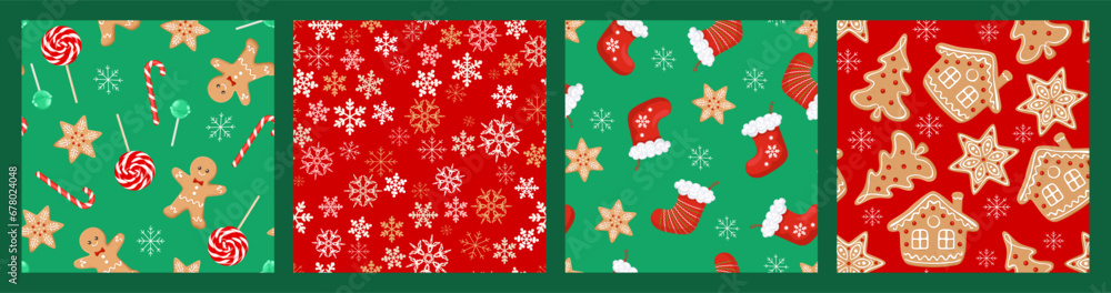 Christmas seamless pattern set. Bright festive red and green background. Vector cartoon illustration. Christmas seamless pattern set. Bright festive red and green background. Vector cartoon illustration.