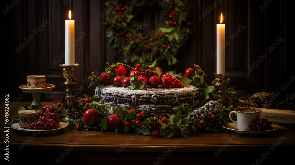 A table topped with candles and holly wreaths