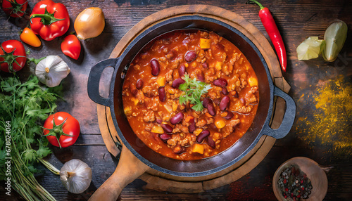 In a Texan kitchen, a top view of chili con carne in a cast-iron pot captures the bold and spicy flavors of this iconic American dish, perfect for chilly nights or game day gatherings. photo