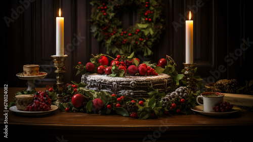 A table topped with candles and holly wreaths