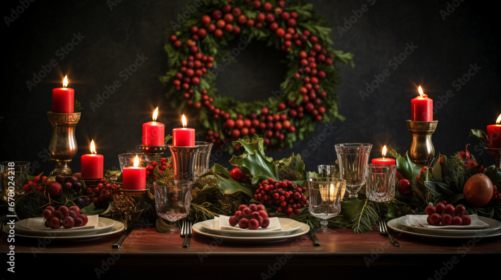 A table topped with candles and holly wreaths