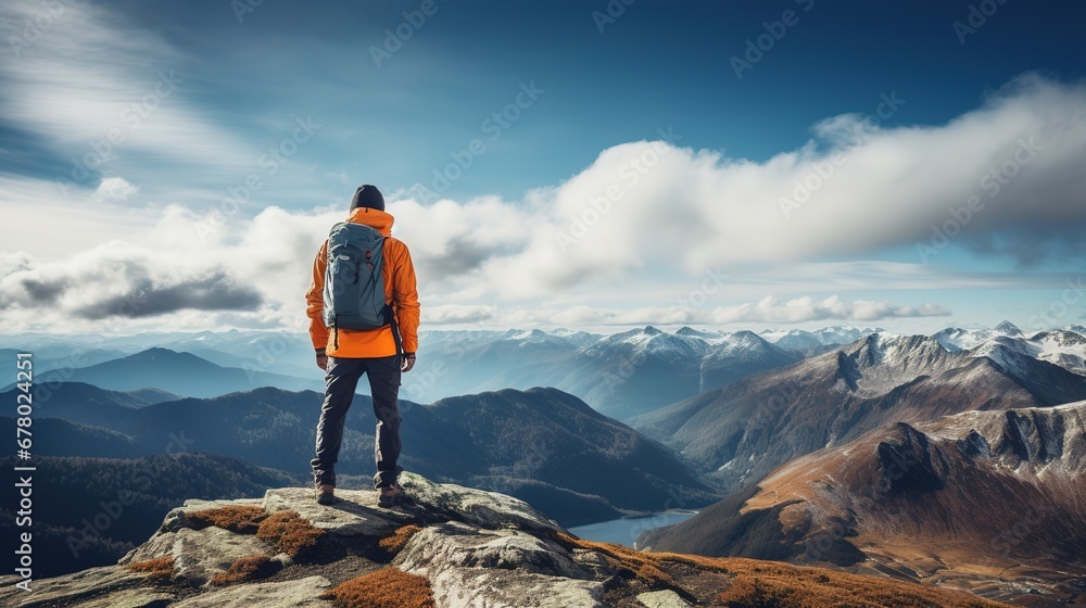 Hiker with backpack standing on the top of the mountain and enjoying the view Hiker with backpack standing on the top of the mountain and enjoying the view