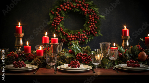 A table topped with candles and holly wreaths