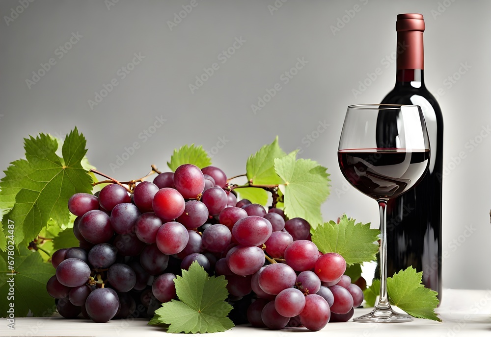 A bottle of wine, glass of wine, and a bunch of red grapes on a table. Gray background. Production at winery.
