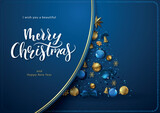 Blue Christmas Card with Christmas Decorations Arranged in the Shape of a Christmas Tree and a Decorative Flap with Gold Lines and Text