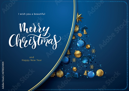 Leinwand Poster Blue Christmas Card with Christmas Decorations Arranged in the Shape of a Christ