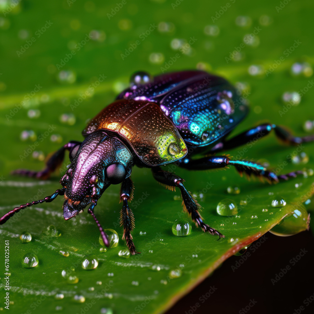 A macro shot of an iridescent beetle on a dewy leaf
A macro shot of an iridescent beetle on a dewy leaf