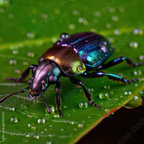 A macro shot of an iridescent beetle on a dewy leaf 