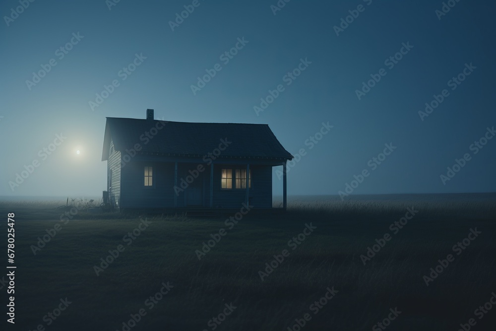 Isolated house glowing warmly in the night, blue tint, full focus, cinematic, portraying a beacon of warmth and solitude.