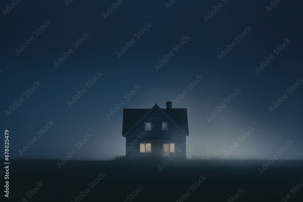 Isolated house glowing warmly in the night, blue tint, full focus, cinematic, portraying a beacon of warmth and solitude. Isolated house glowing warmly in the night, blue tint, full focus, cinematic, portraying a beacon of warmth and solitude.