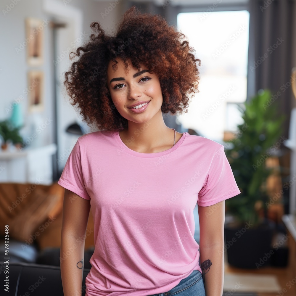 Fototapeta premium Black woman wearing blank empty t-shirt for mockup
