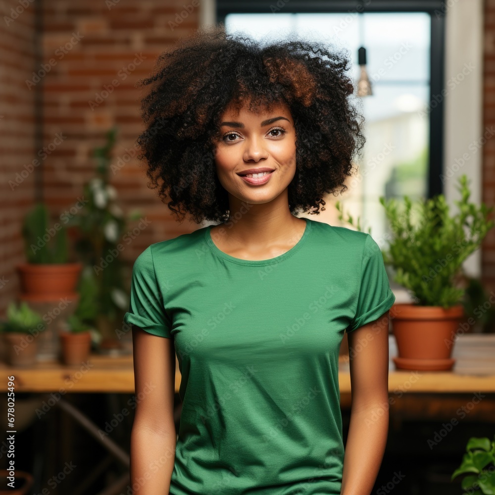 Fototapeta premium Black woman wearing blank empty t-shirt for mockup
