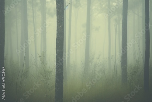 Silent forest in the early morning, misty green tint, shallow focus, capturing the serene and mysterious beauty of the forest.