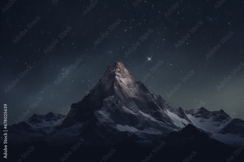 Majestic mountain peak under a starlit sky, cool night tint, infinite focus, cinematic view capturing the awe-inspiring beauty of the night sky.