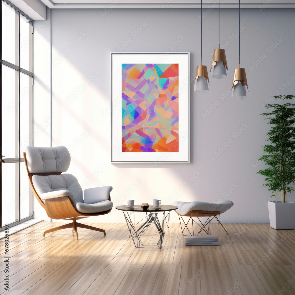 Bright airy studio with a vibrant geometric art
Bright airy studio with a vibrant geometric art