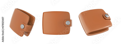 Realistic brown wallet in different angles on a white background. Vector illustration