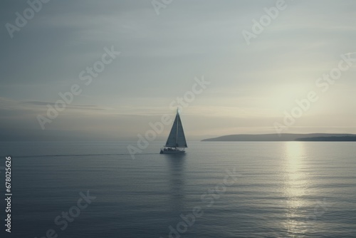 Serene sailing at twilight, dusky blue tint, focusing on the horizon, encapsulating the tranquility of sea travel.