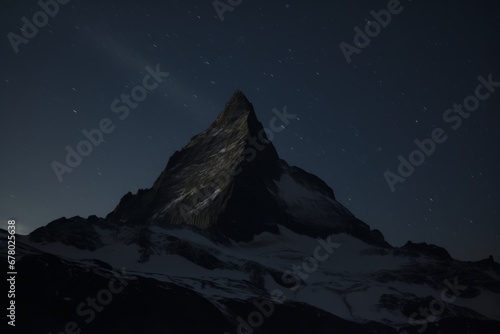 Majestic mountain peak under a starlit sky, cool night tint, infinite focus, cinematic view capturing the awe-inspiring beauty of the night sky.