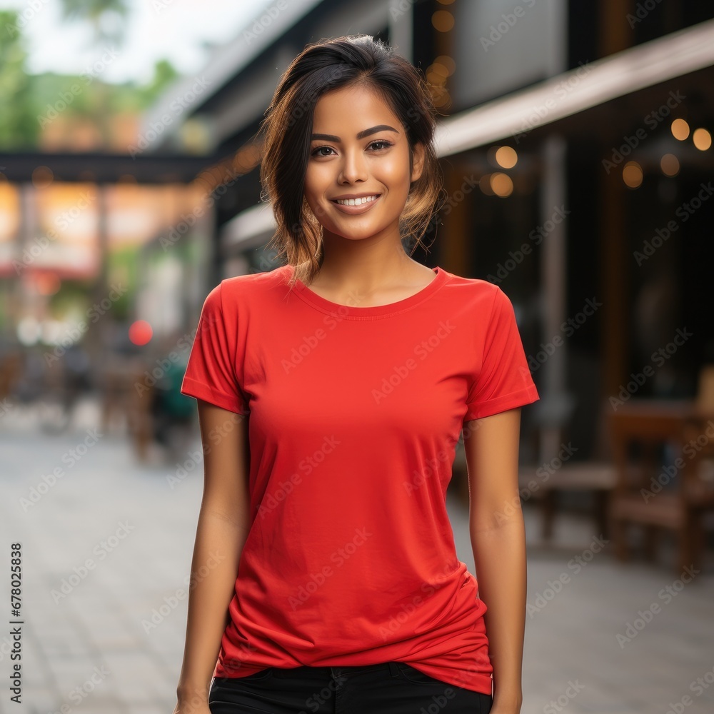 Asian woman wearing empty blank t-shirt for mockup