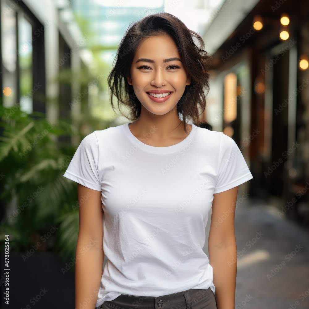 Asian woman wearing empty blank t-shirt for mockup