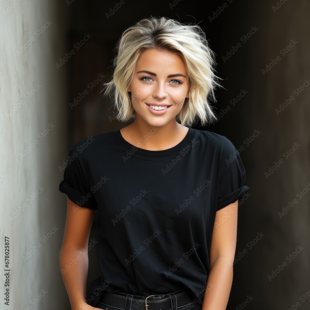 Fototapeta premium Young woman wearing empty blank t-shirt