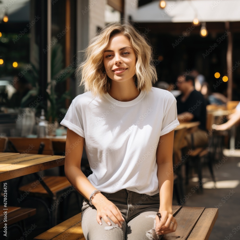 A beautiful woman wearing blank tshirt for mockup